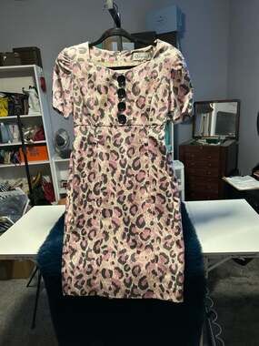 Vintage Christian Dior Pink and Grey Silk Leopard Print Jacquard Sheath Dress